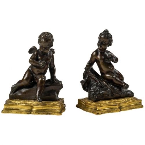 A Pair of Louis XV Ormolu and Patinated Bronze Figural Paper Weights